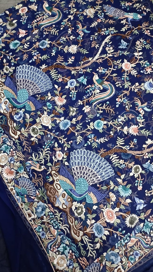 Royal luxury Parsi Gorgette Saree Authentic Handwork gara saree - Saffronfashionindia