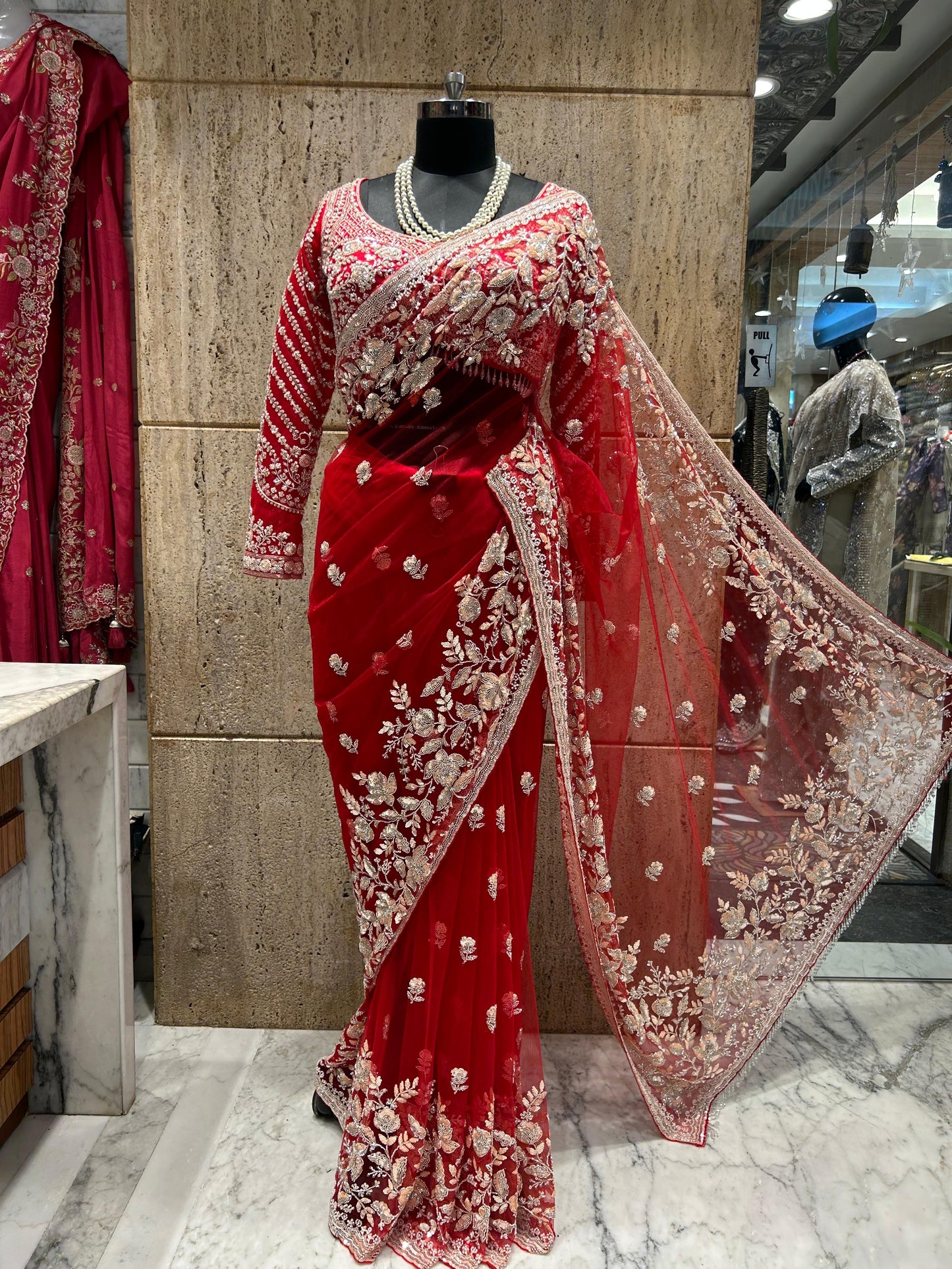 Net designer saree party wear saree’s Indian wedding saree blouse Saffronfashionindia