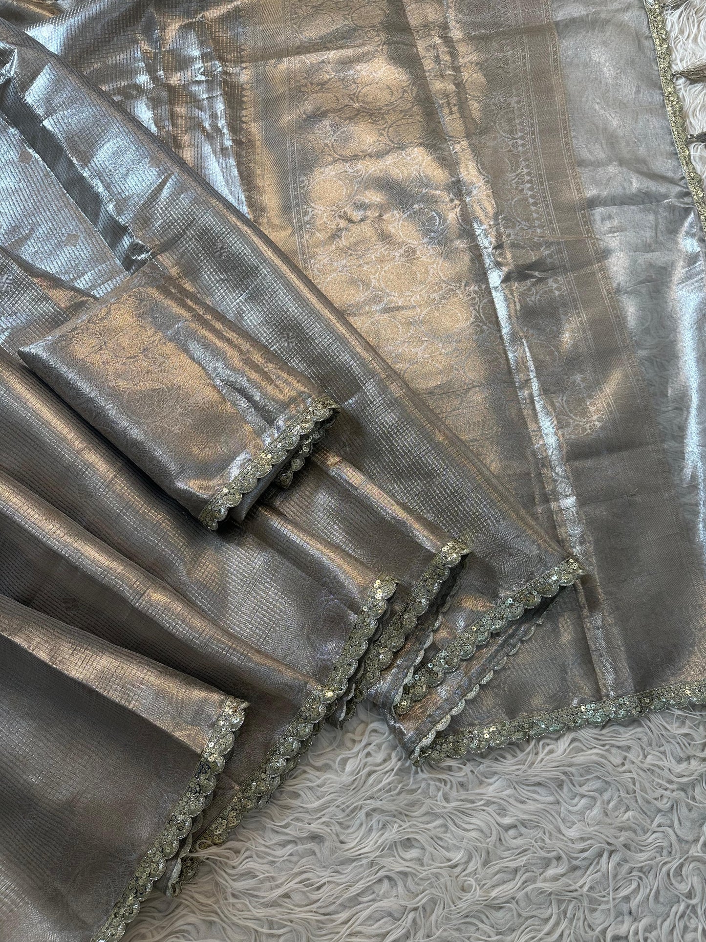 Almond Banarsi tissue silk saree Sexy sari - Saffronfashionindia