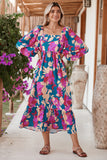 Multicolor Boho Floral Print Square Neck Ruffle Maxit Dress