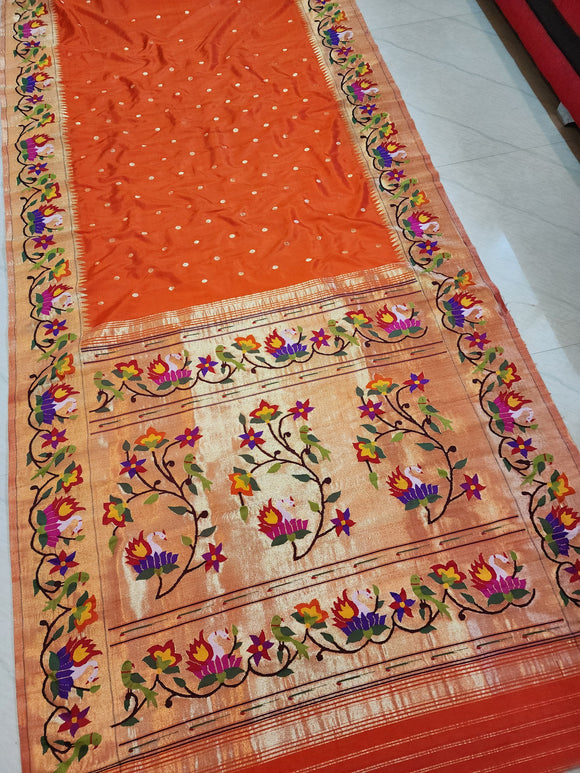 Orange Floral Paithani Saree Traditional Saree