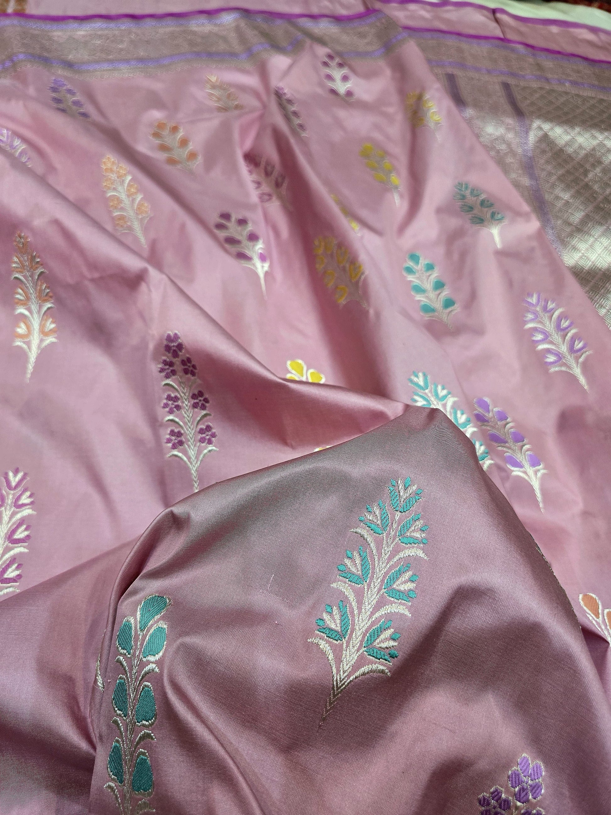 Pink Banarsi saree elegant saree Jamdani tissue sari blouse SaffronFashion