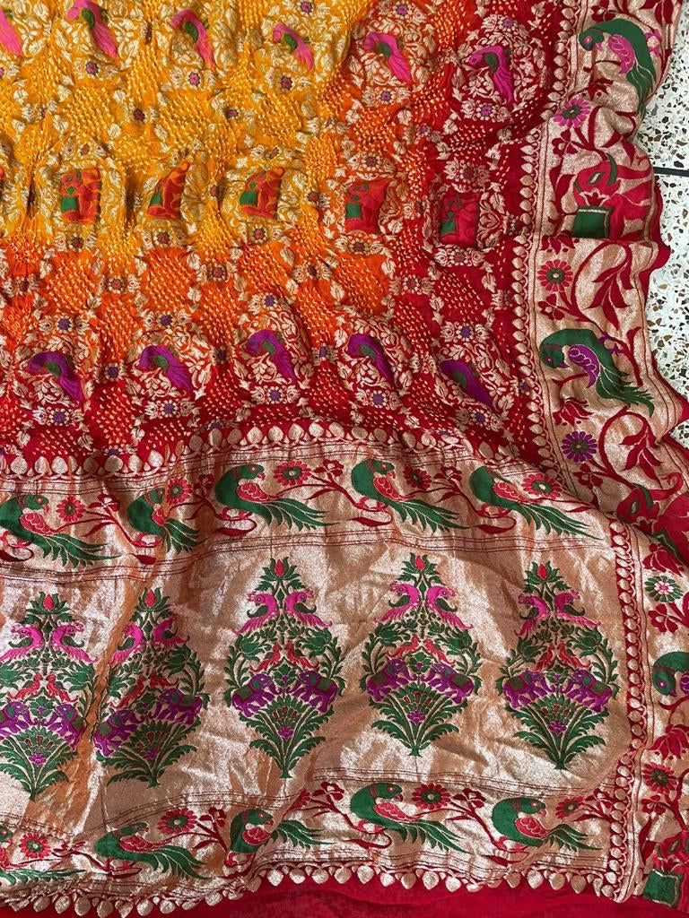 Peacock inspired bandhej banarsi handwoven dupatta - Saffronfashionindia