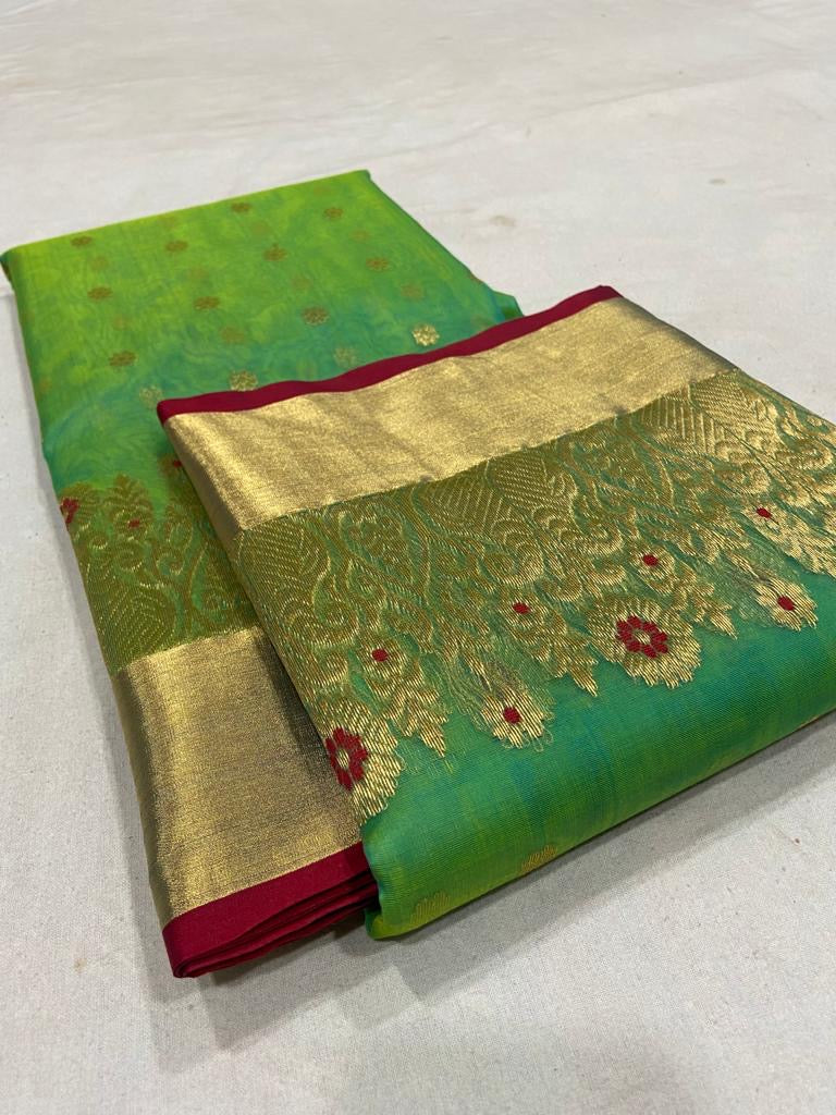 Green Chanderi katan silk sarees - Saffronfashionindia