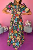 Green Floral Print Split V Neck Puff Sleeve Maxi Dress