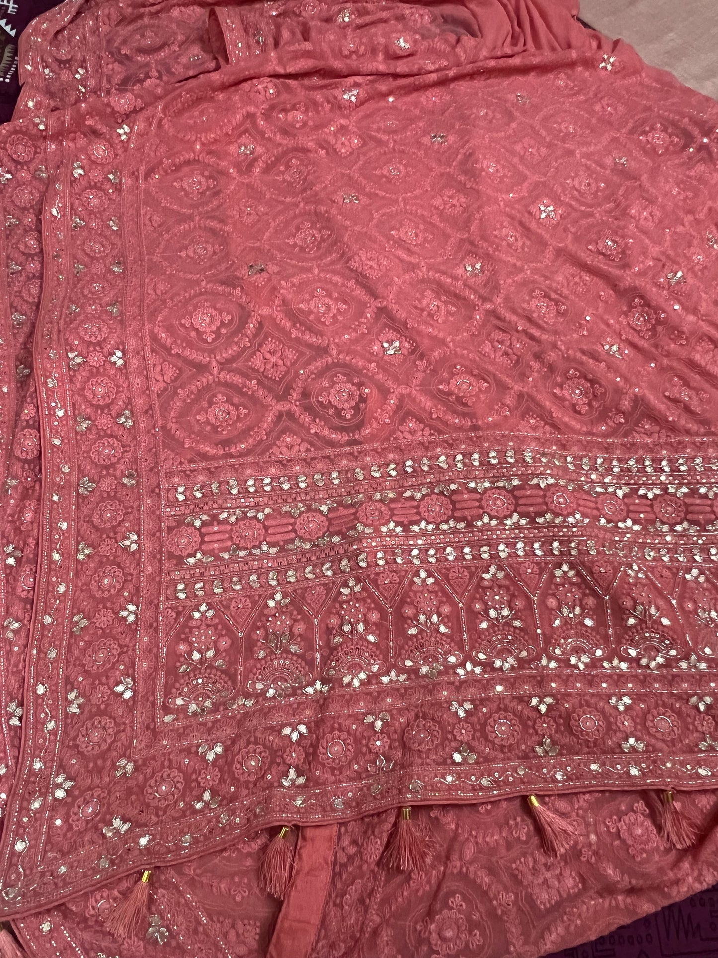 Peach Chikankari saree gorgette saree Indian saree women sari blouse - Saffronfashionindia