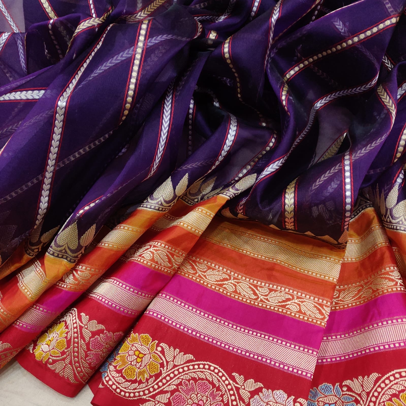 Glowing kora handwoven saree Indian sari - Saffronfashionindia