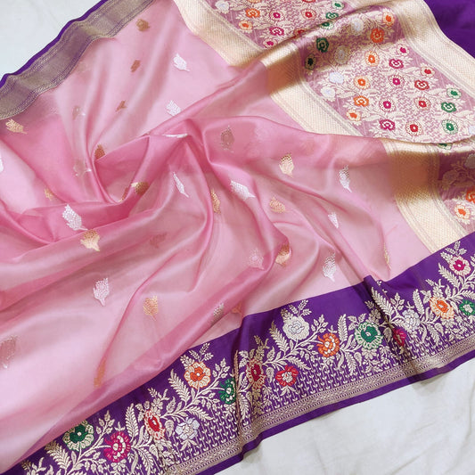 Pink Kora Handwoven Kadwa Zari saree Indian Sarees - Saffronfashionindia