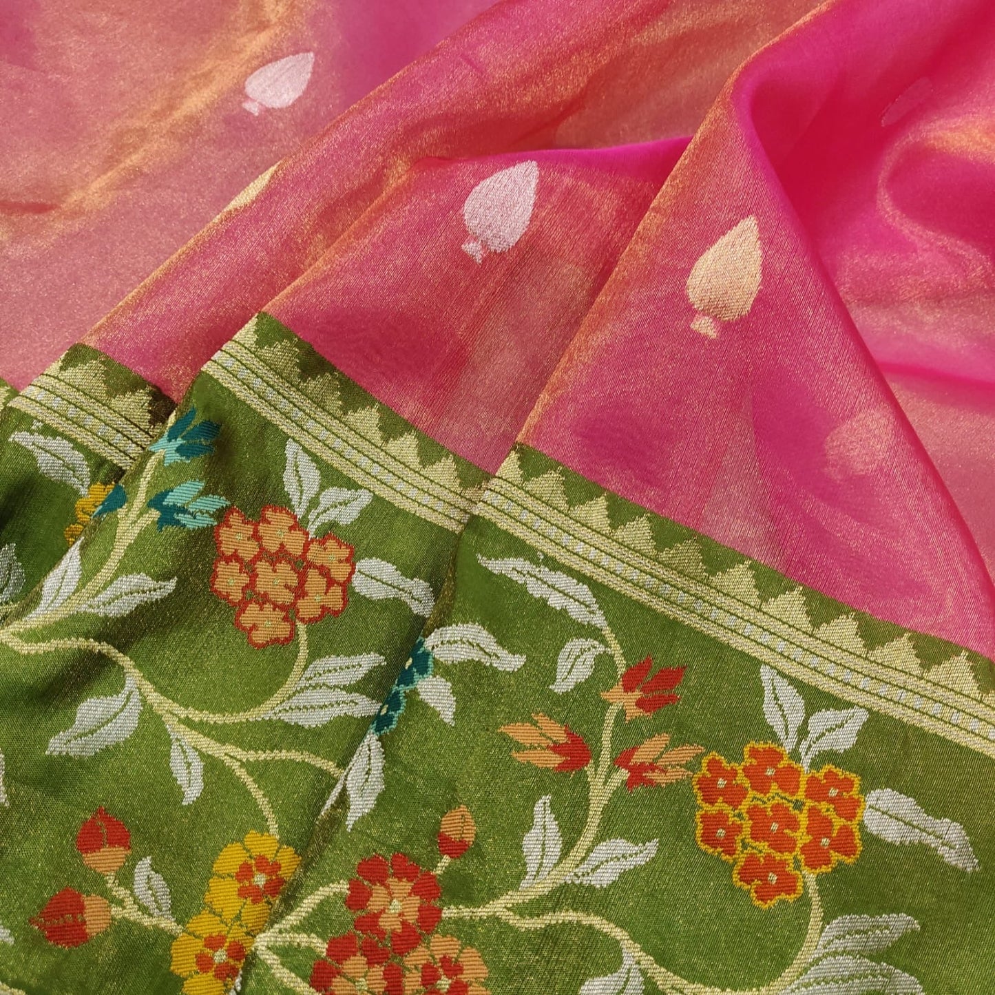 Pink tissue saree handwoven saree blouse SaffronFashion