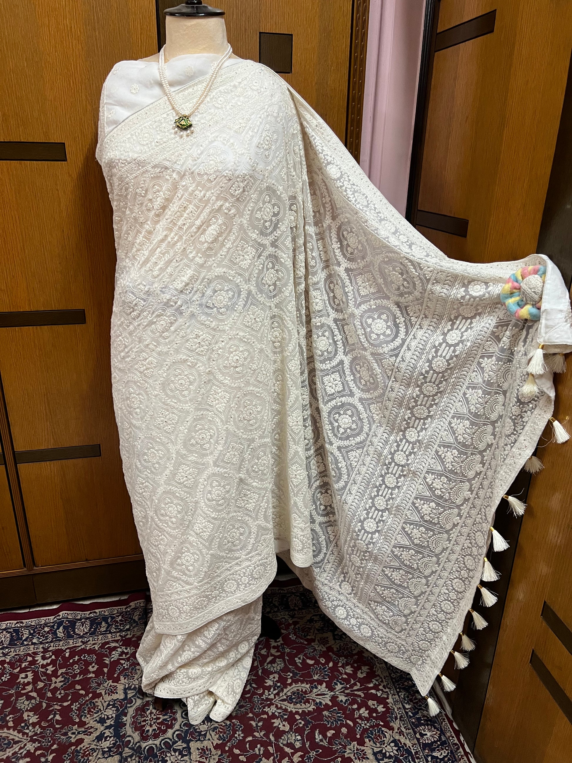 White Chikankari Saree Gorgette Sarees - Saffronfashionindia