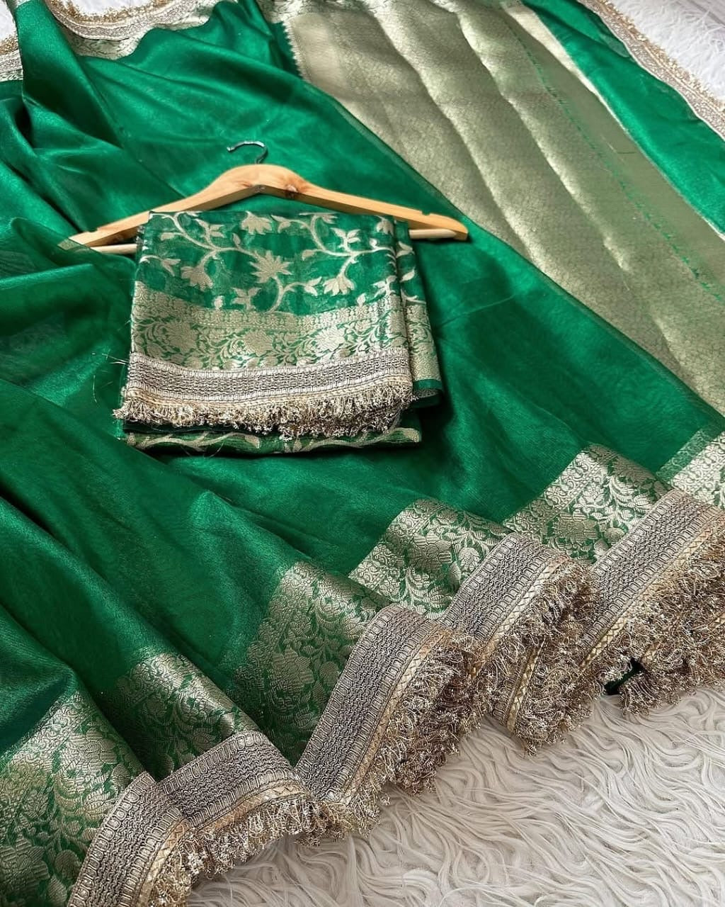 Green sari Banarsi soft tissue saree beautiful sari blouse SaffronFashion