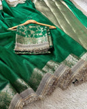 Green sari Banarsi soft tissue saree beautiful sari blouse SaffronFashion