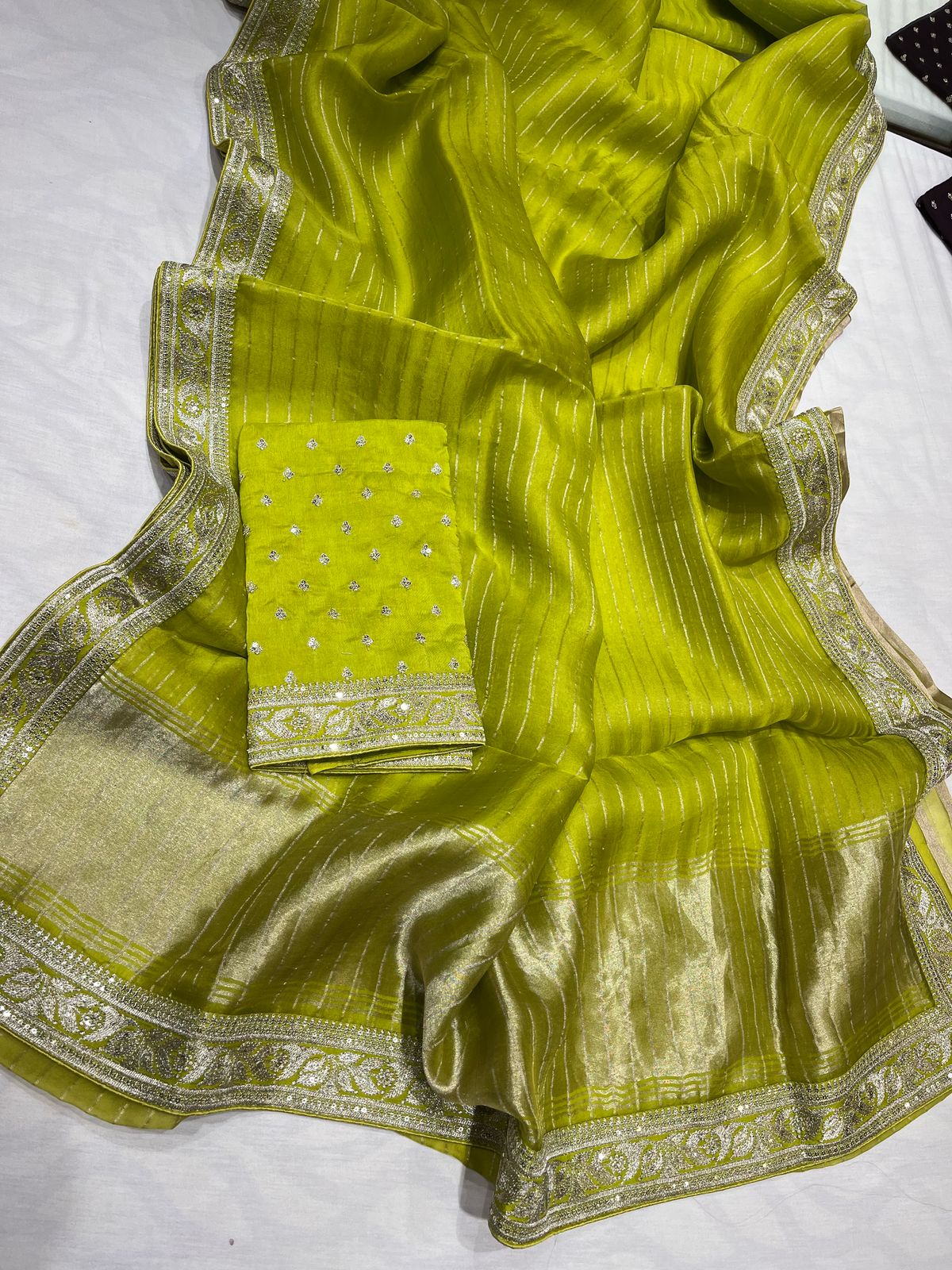 Striped Organza saree partywear sarees Indian sari - Saffronfashionindia