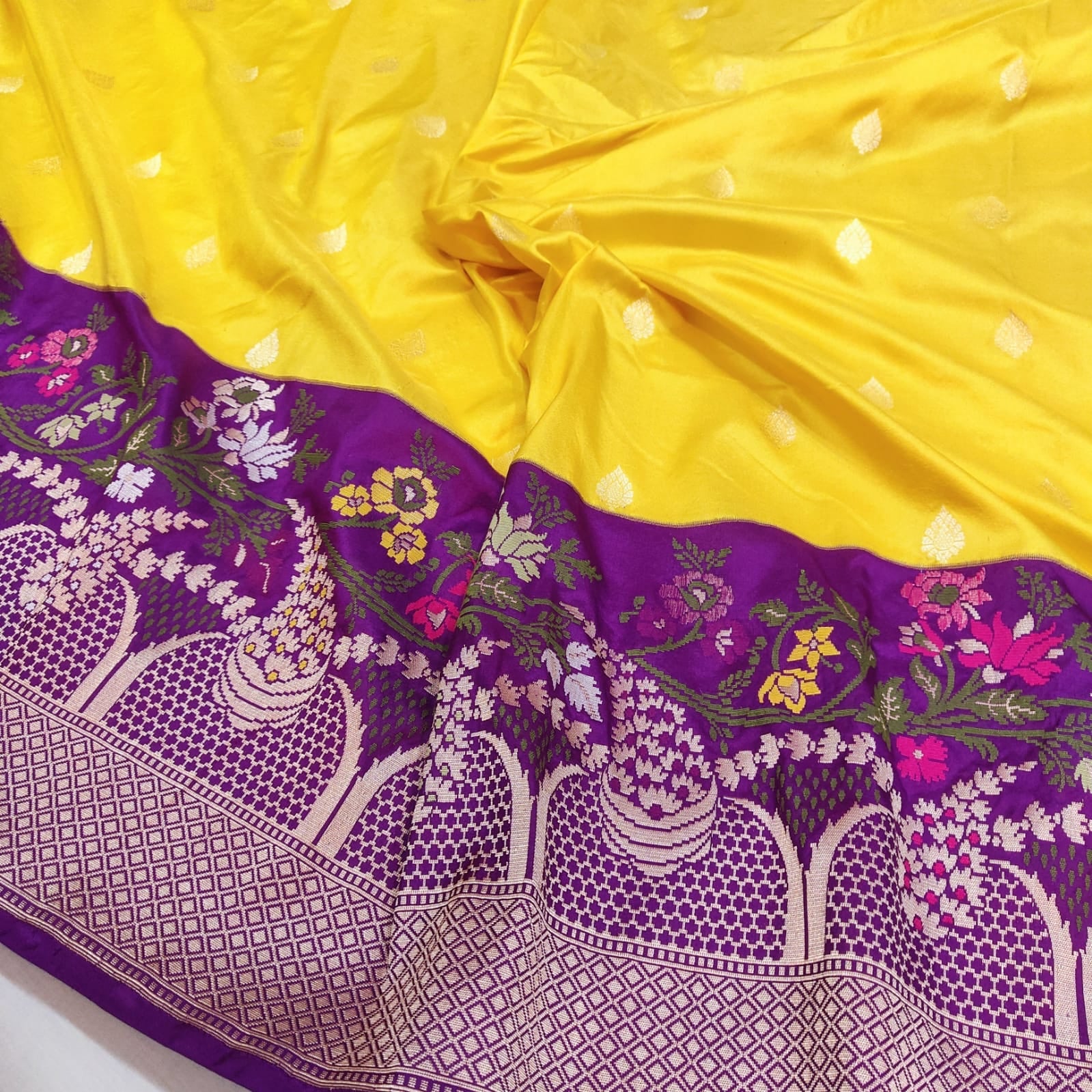 Yellow Meenakari handwoven Katan silk saree - Saffronfashionindia