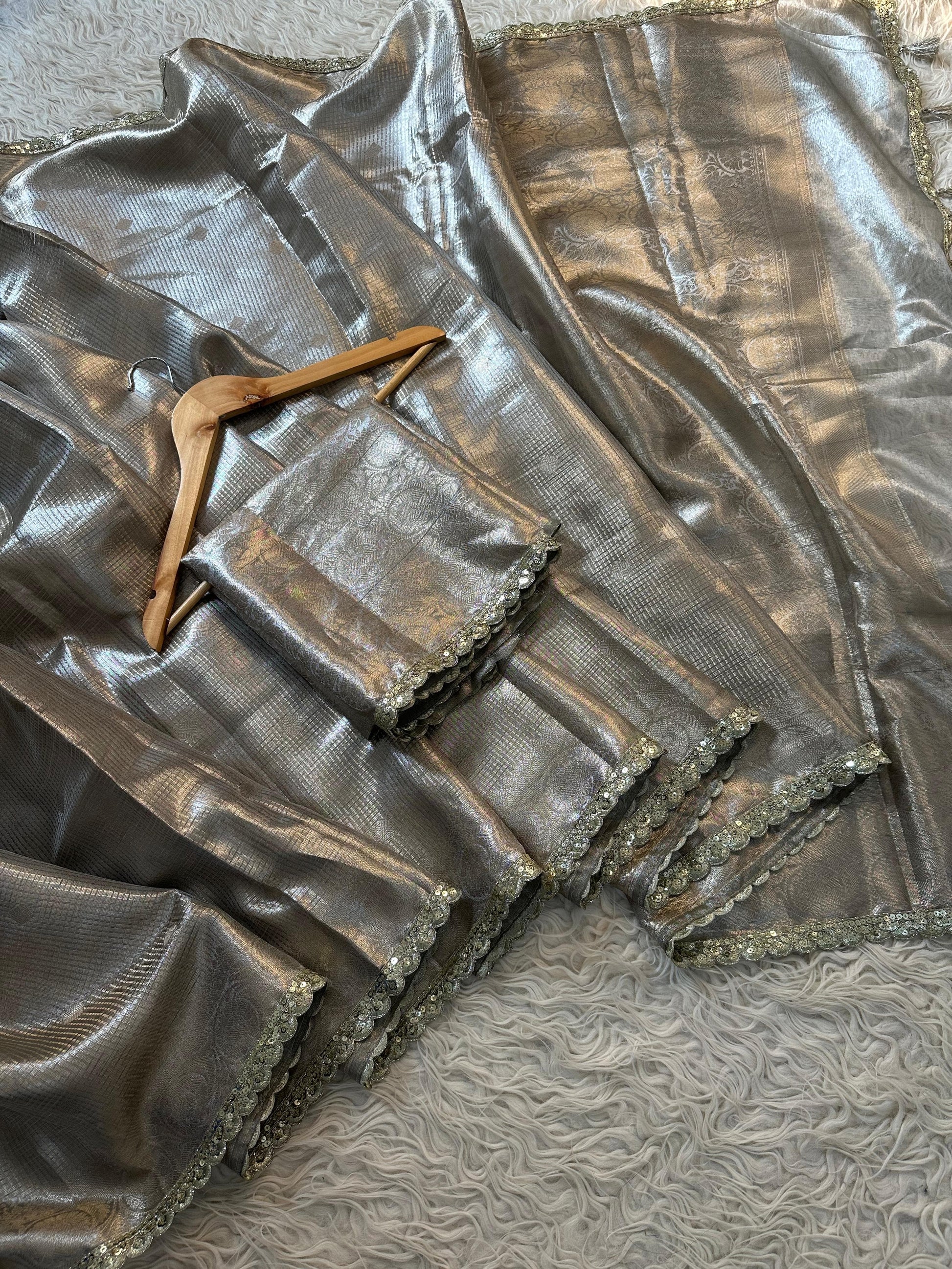 Almond Banarsi tissue silk saree Sexy sari - Saffronfashionindia