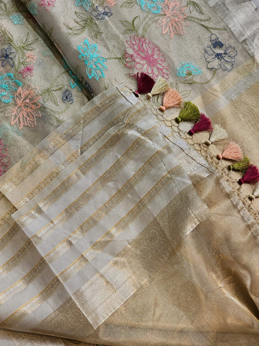 Embroidery Tissue Katan Silk Organza Saree - Saffronfashionindia