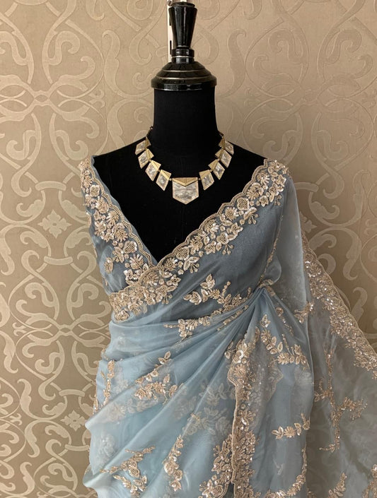 Oliva organza saree handwork saree reception saree blouse - Saffronfashionindia