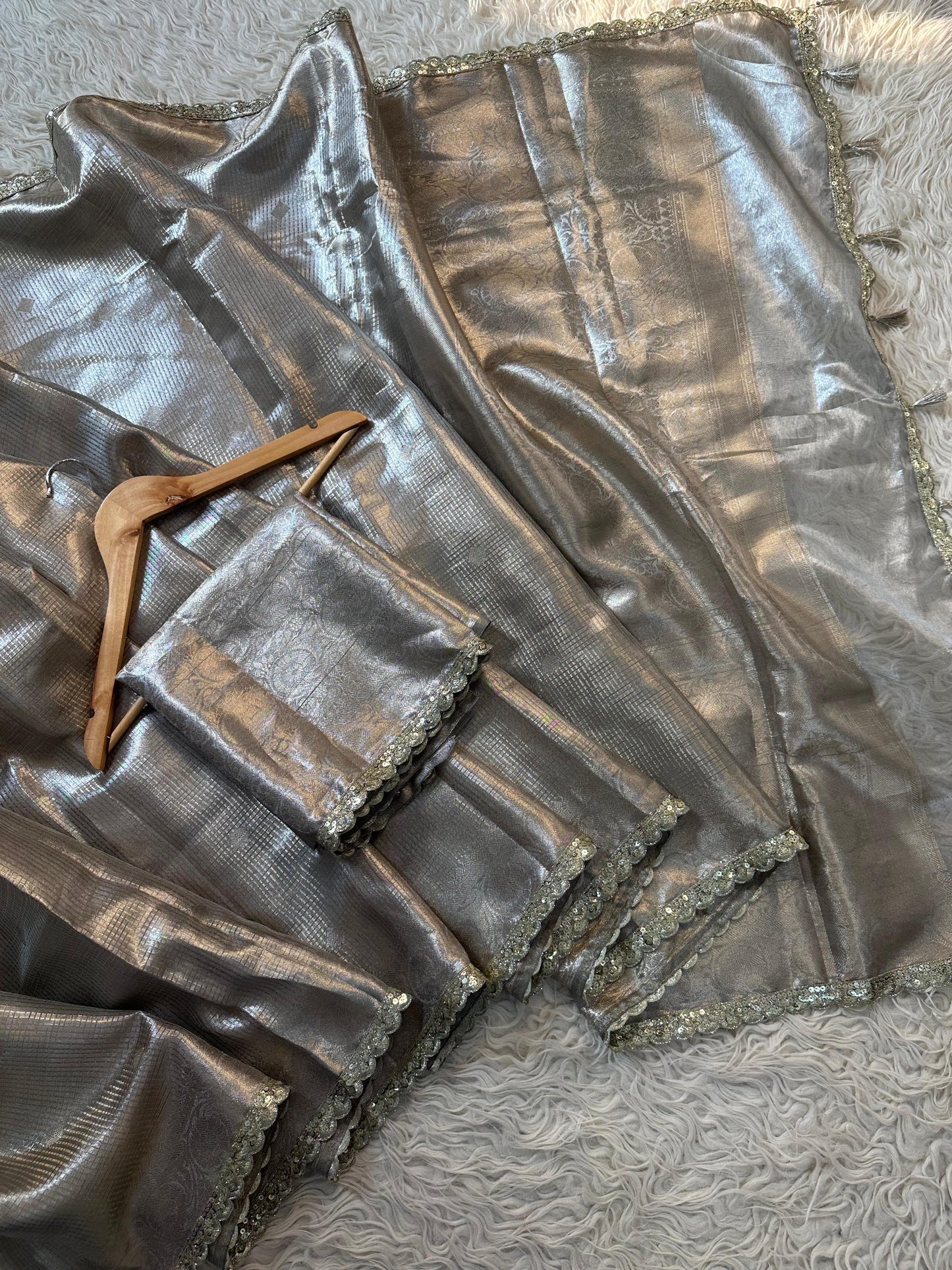 Almond Banarsi tissue silk saree Sexy sari - Saffronfashionindia