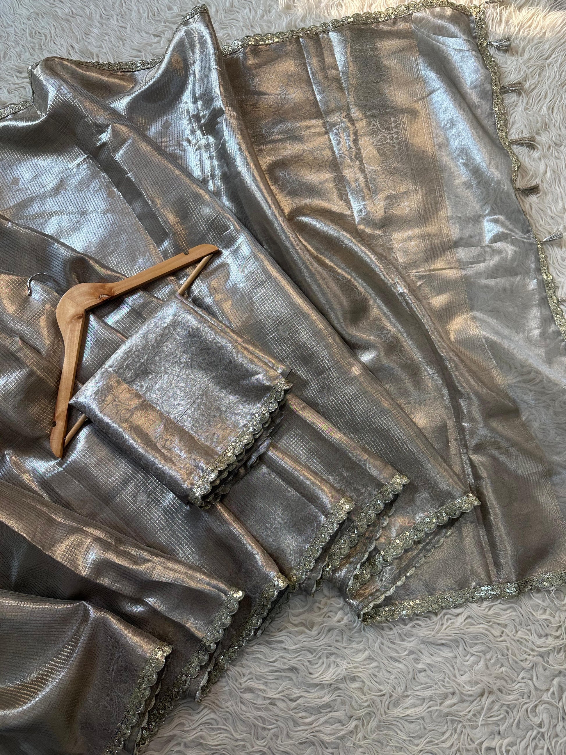 Almond Banarsi tissue silk saree Sexy sari - Saffronfashionindia