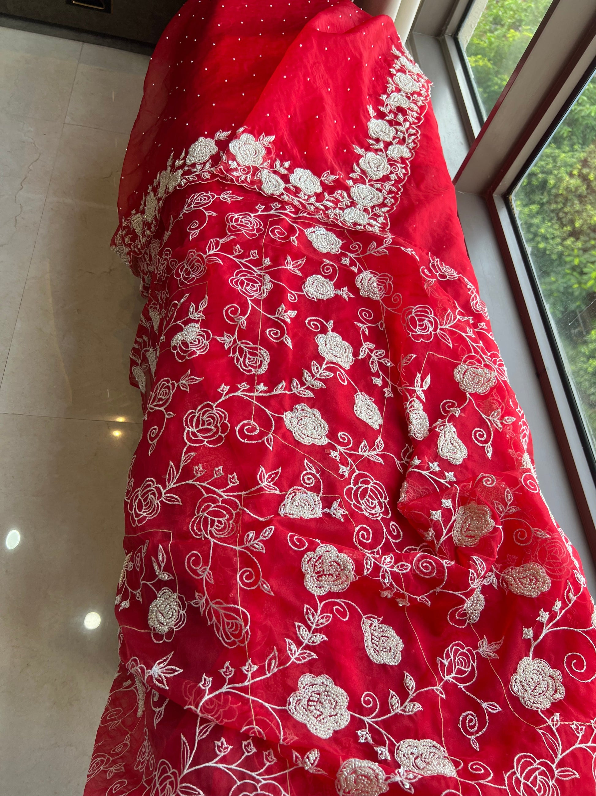 Red pearl bridal saree organza saree reception saree blouse SaffronFashion