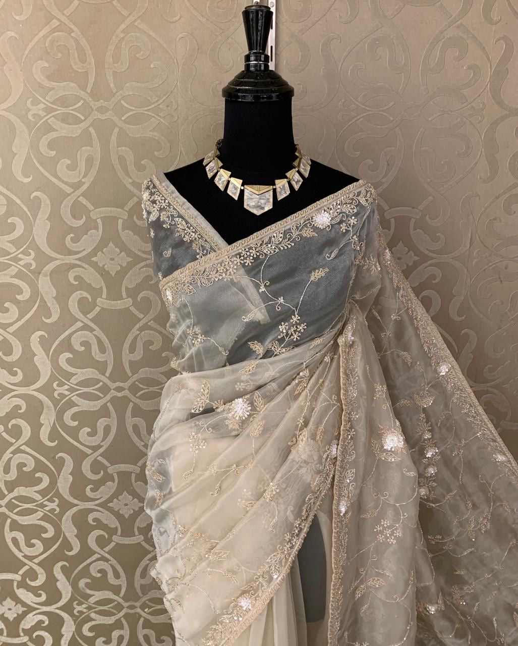 Reception saree party wear handwork sareee handmade sari blouse - Saffronfashionindia