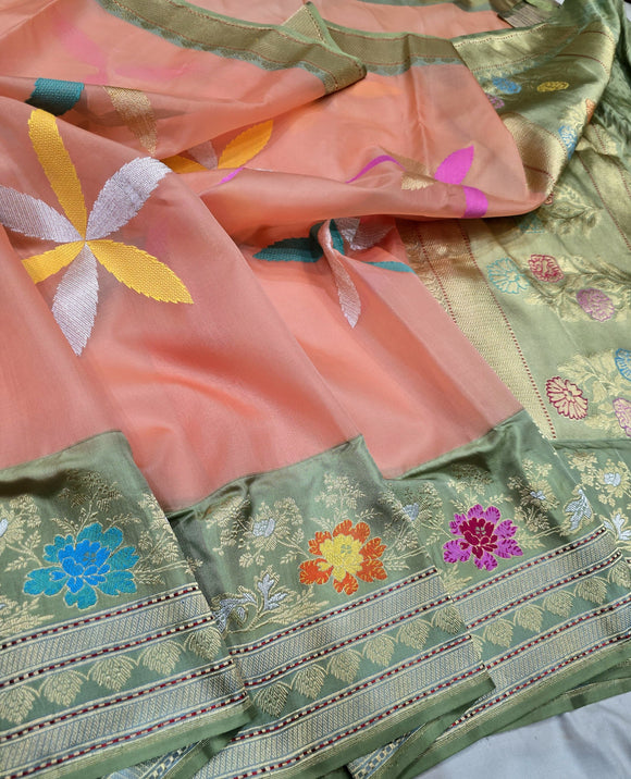 Peach saree Kora iktara sarees blouse Indian sari SaffronFashion