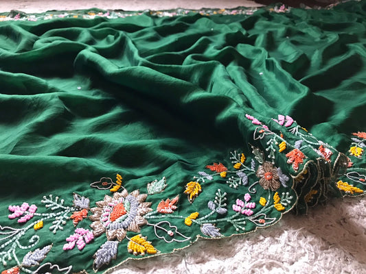 Embroidered Saree Green Premium Satin Organza Saree - Saffronfashionindia