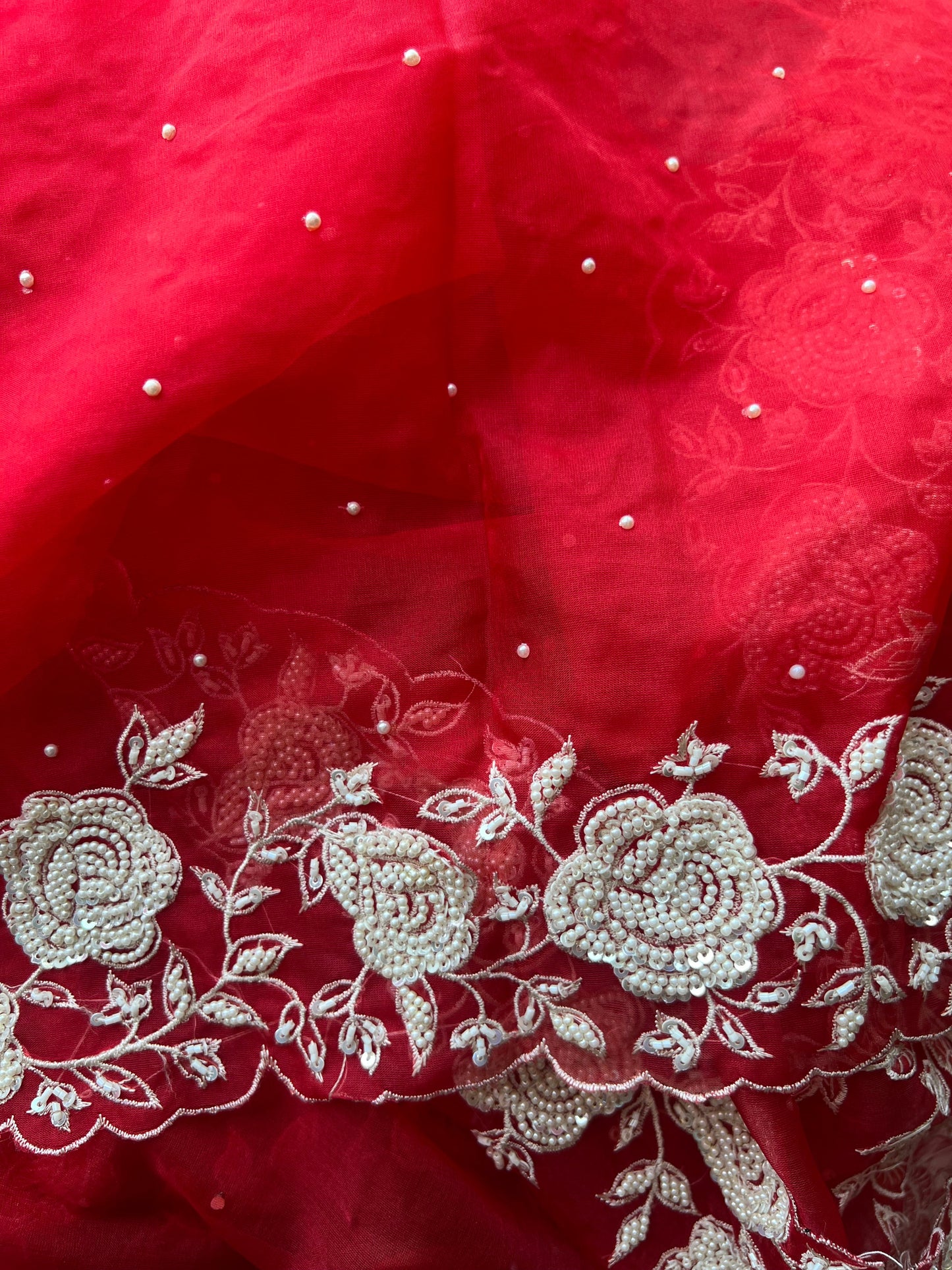 Red pearl bridal saree organza saree reception saree blouse SaffronFashion