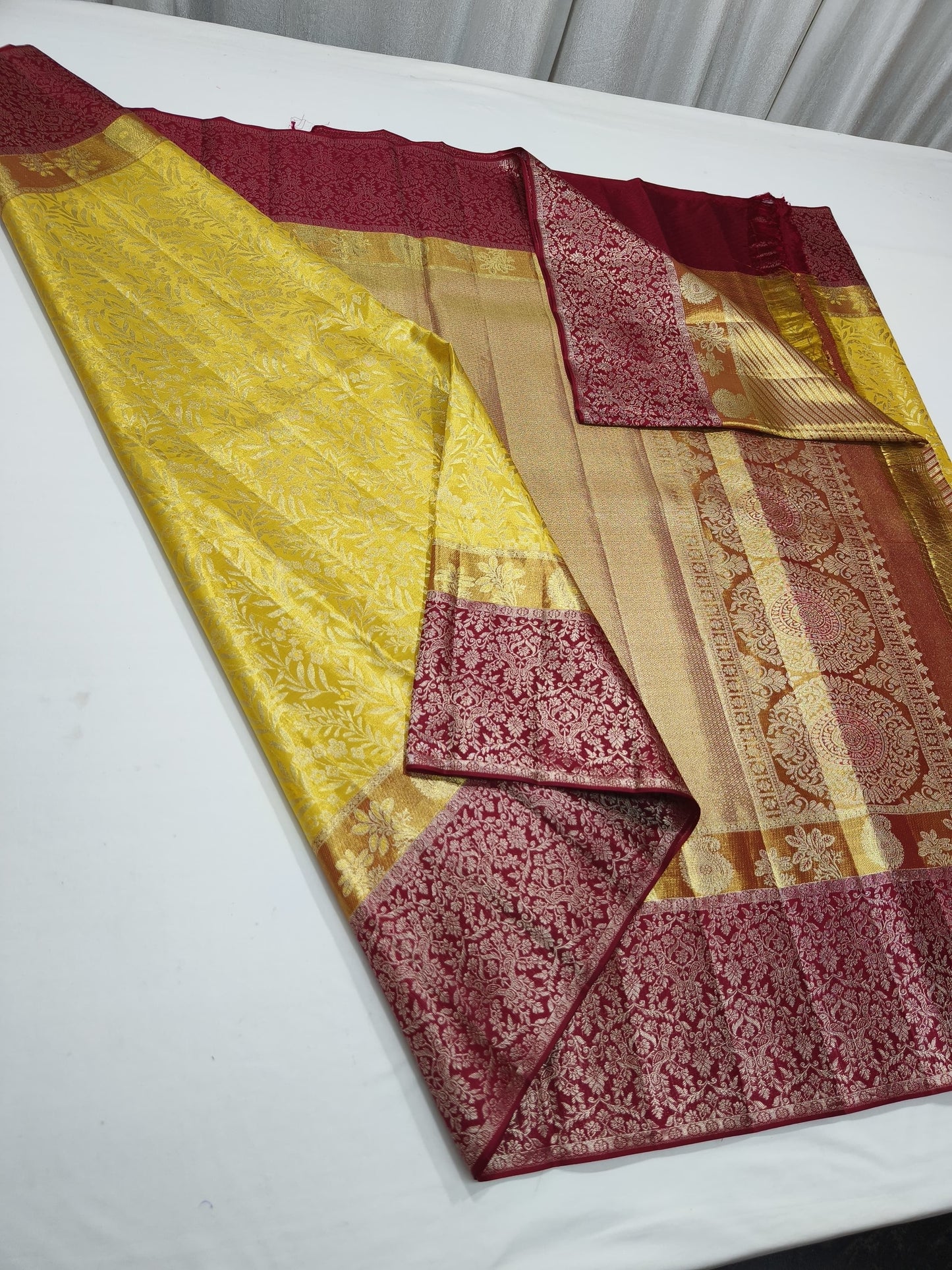 Yellow Kanjeevaram saree Indian traditional saree blouse SaffronFashion