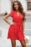 Red Polka Dot V Neck Ruffle Shoulder Short Dress