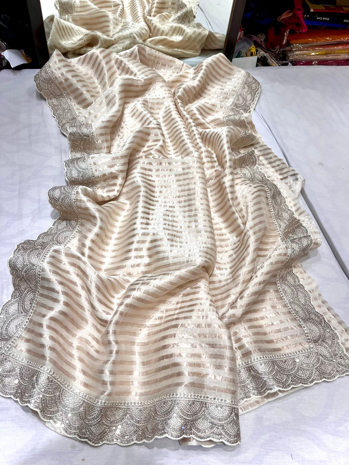 Chanderi Silk saree striped party wear women sarees blouse SaffronFashion