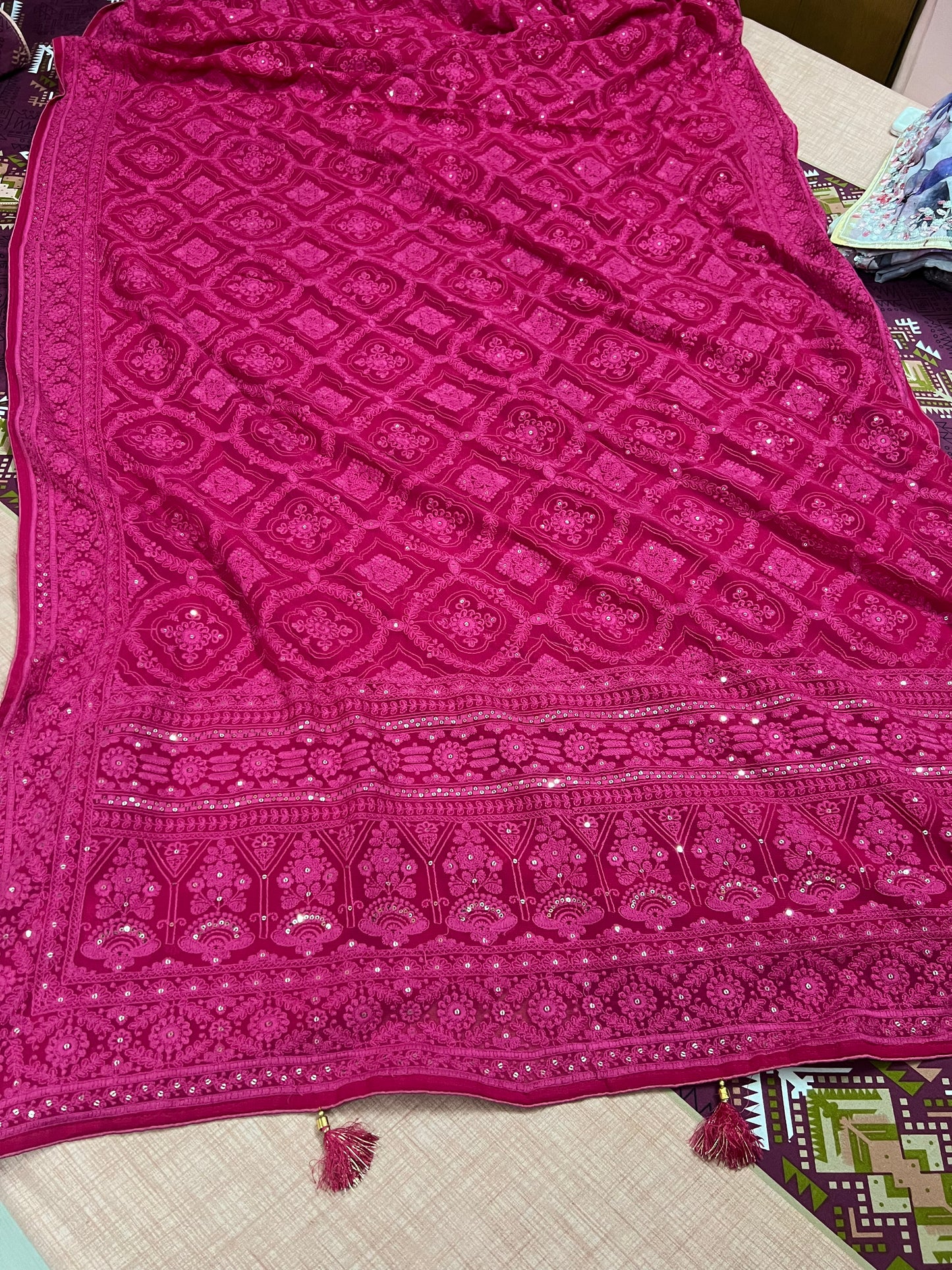 Hot Pink Chikankari Saree Eomen Gorgette Sarees - Saffronfashionindia