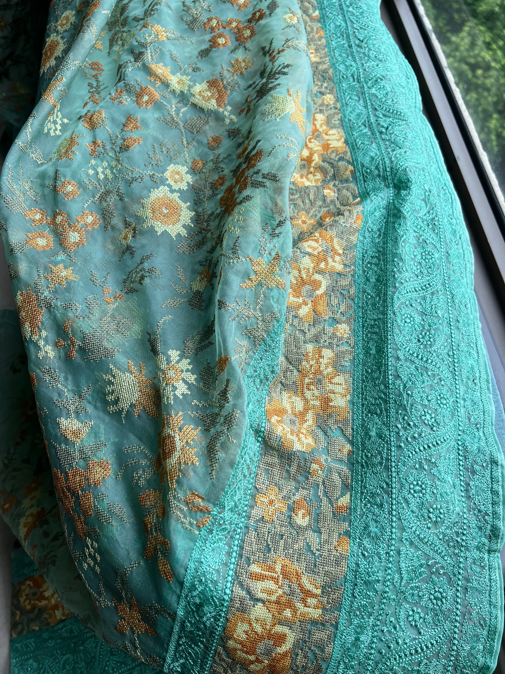 Cross stich inspired organza saree exclusive sarees women saree blouse - Saffronfashionindia