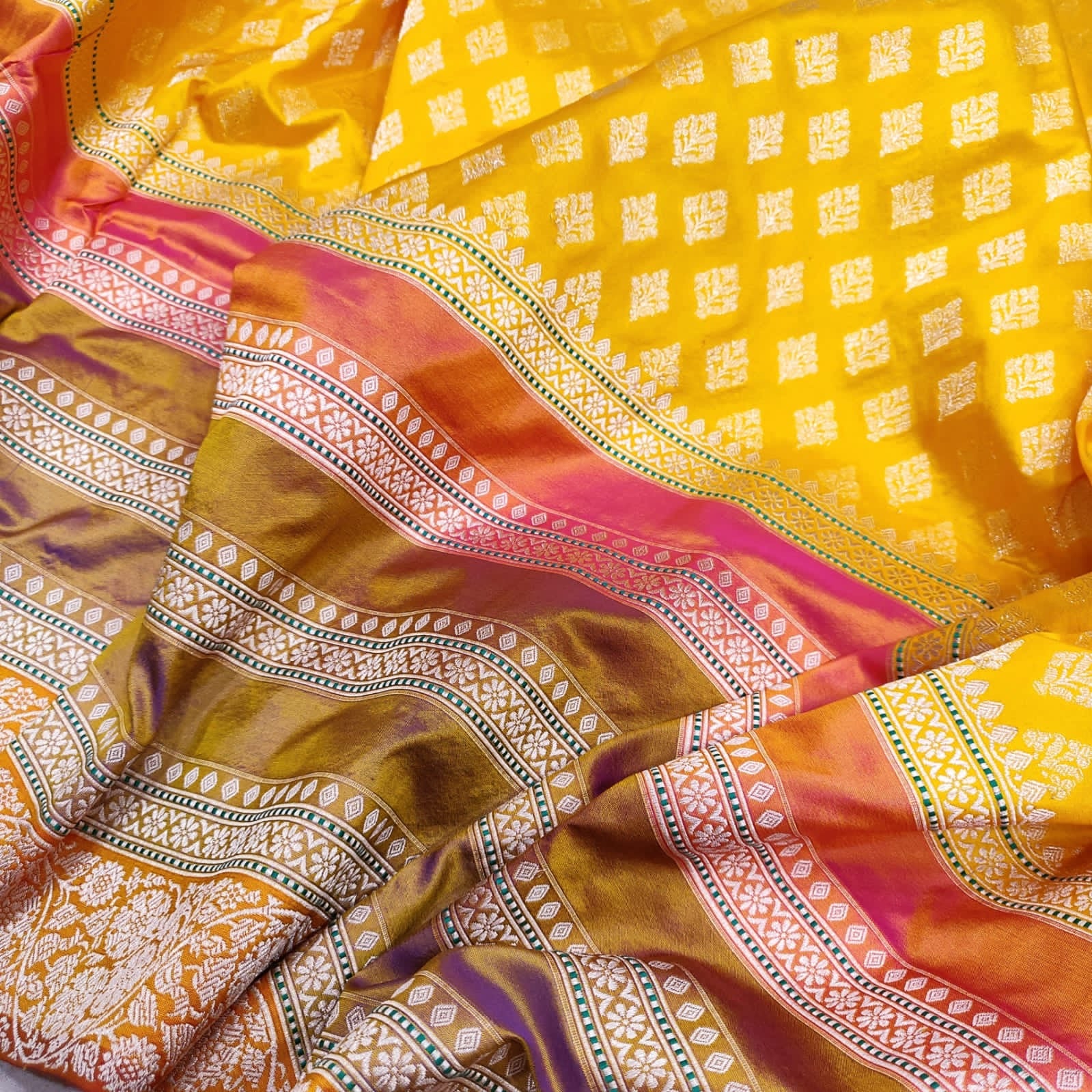 Yellow katan handwoven shaded milti striped sarees - Saffronfashionindia