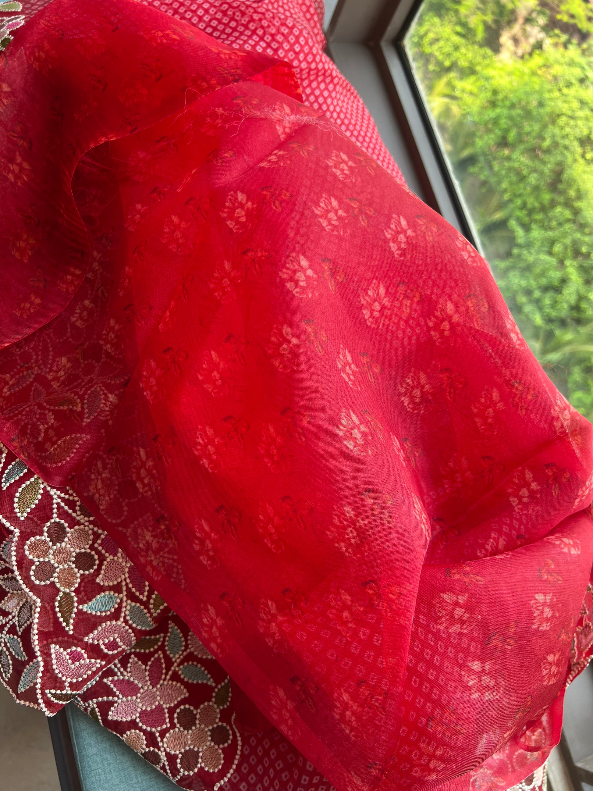 Red Organza Saree Thread Embroidery Work Sarees - Saffronfashionindia