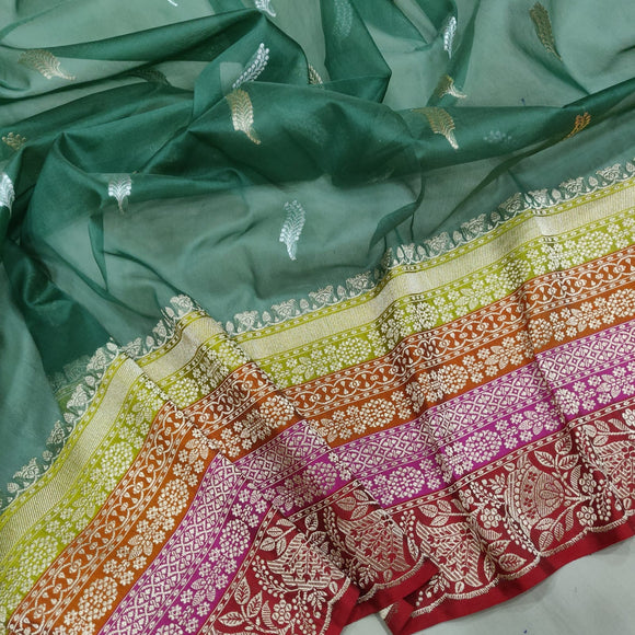 Green Kora handwoven Zari saree Indian sari