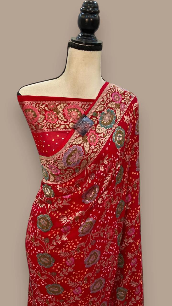 Red handloom saree gorgette saree Meenakari sari blouse SaffronFashion