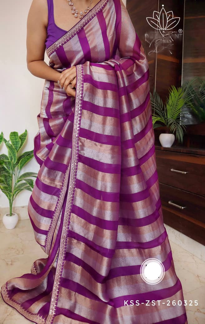 Striped Kora silk saree partywear sarees Indian sari SaffronFashion
