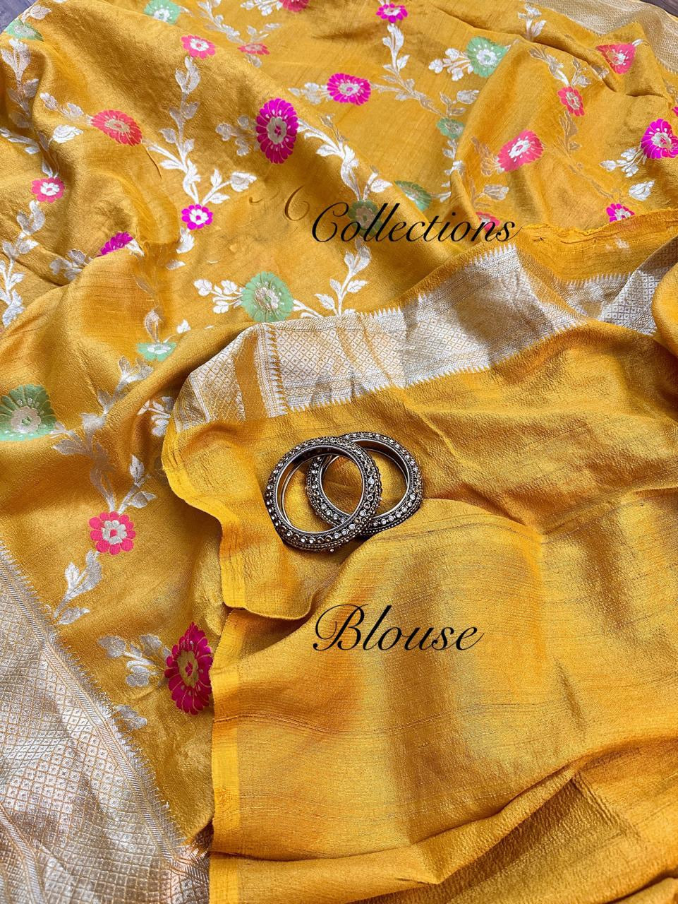 Yellow Khaddi gorgette saree Indian wedding sarees blouse SaffronFashionindia, SaffronFashion