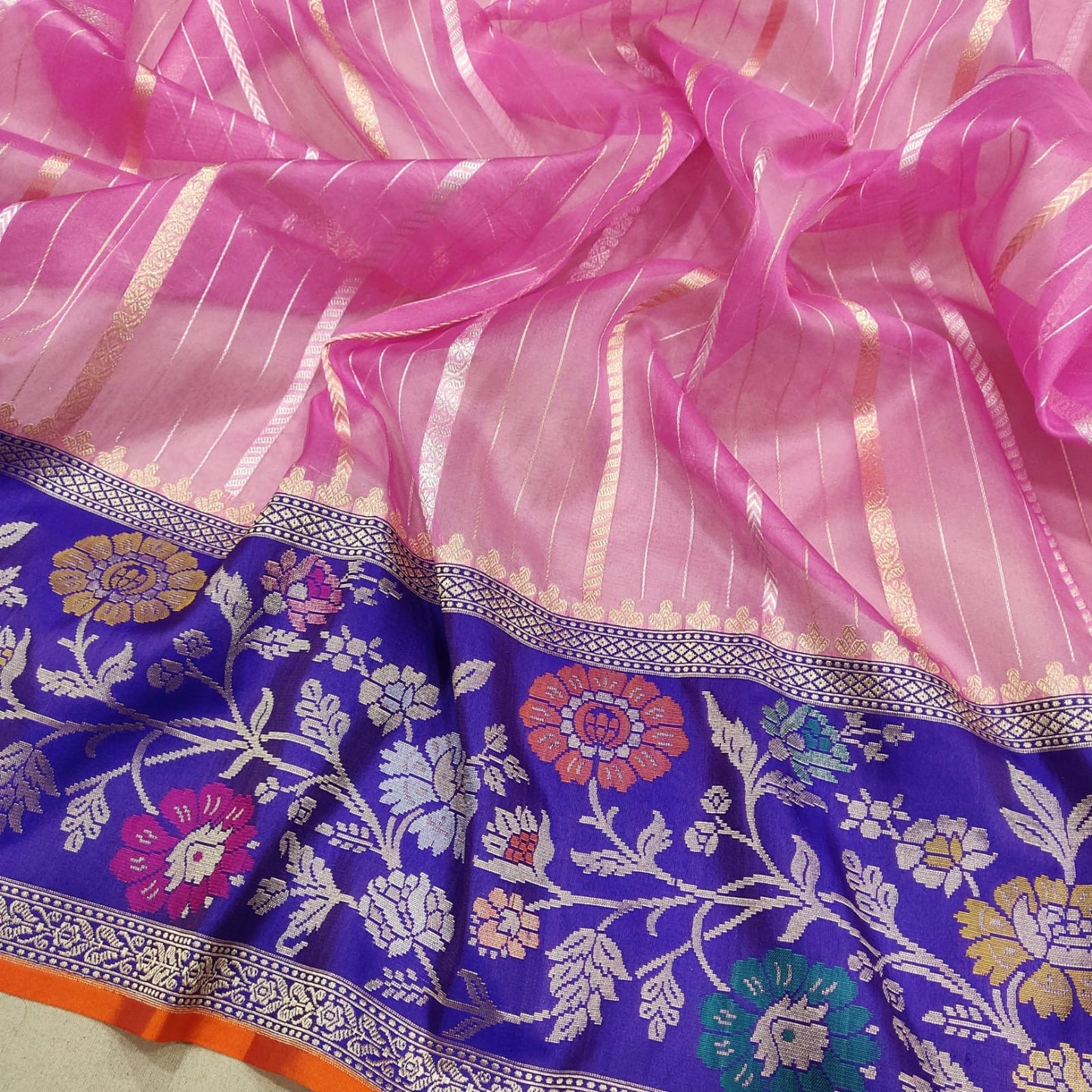 Pink handwoven kora silk saree Zari striped sarees - Saffronfashionindia