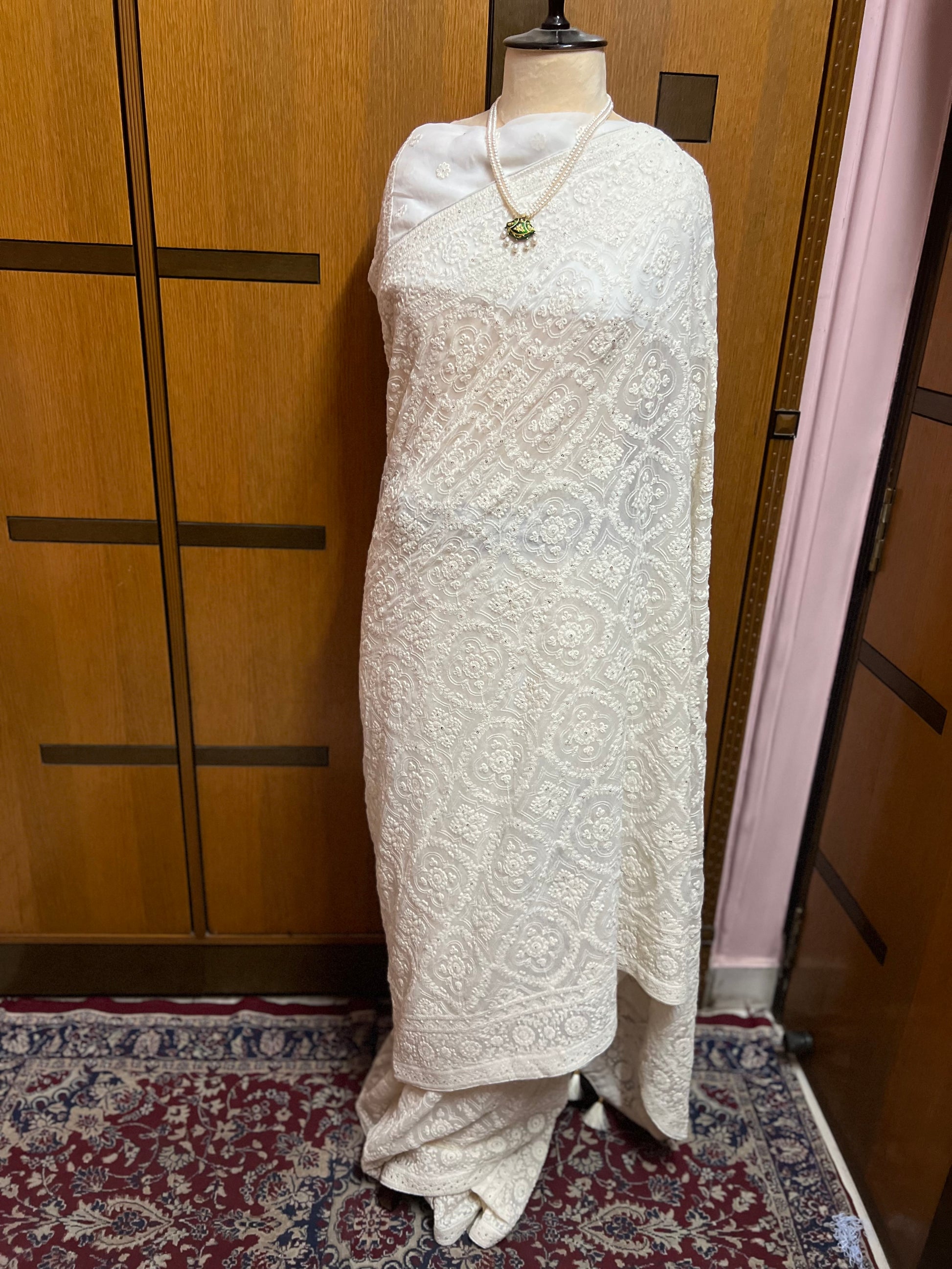 White Chikankari Saree Gorgette Sarees - Saffronfashionindia