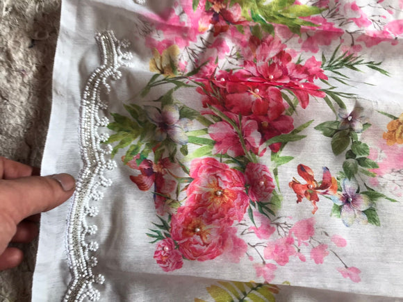 White Floral Linene Elegant Saree Partywear Sari