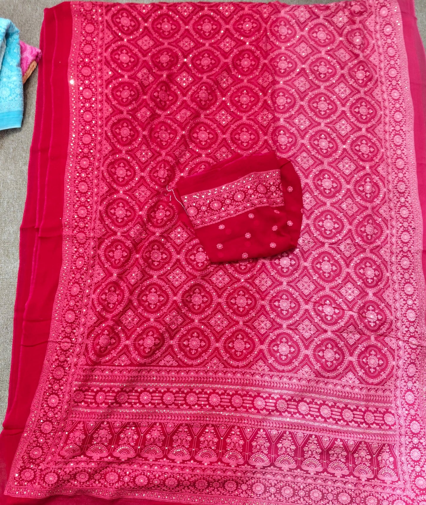 Dual shaded Chikankari saree Georgette saree women sari blouse - Saffronfashionindia