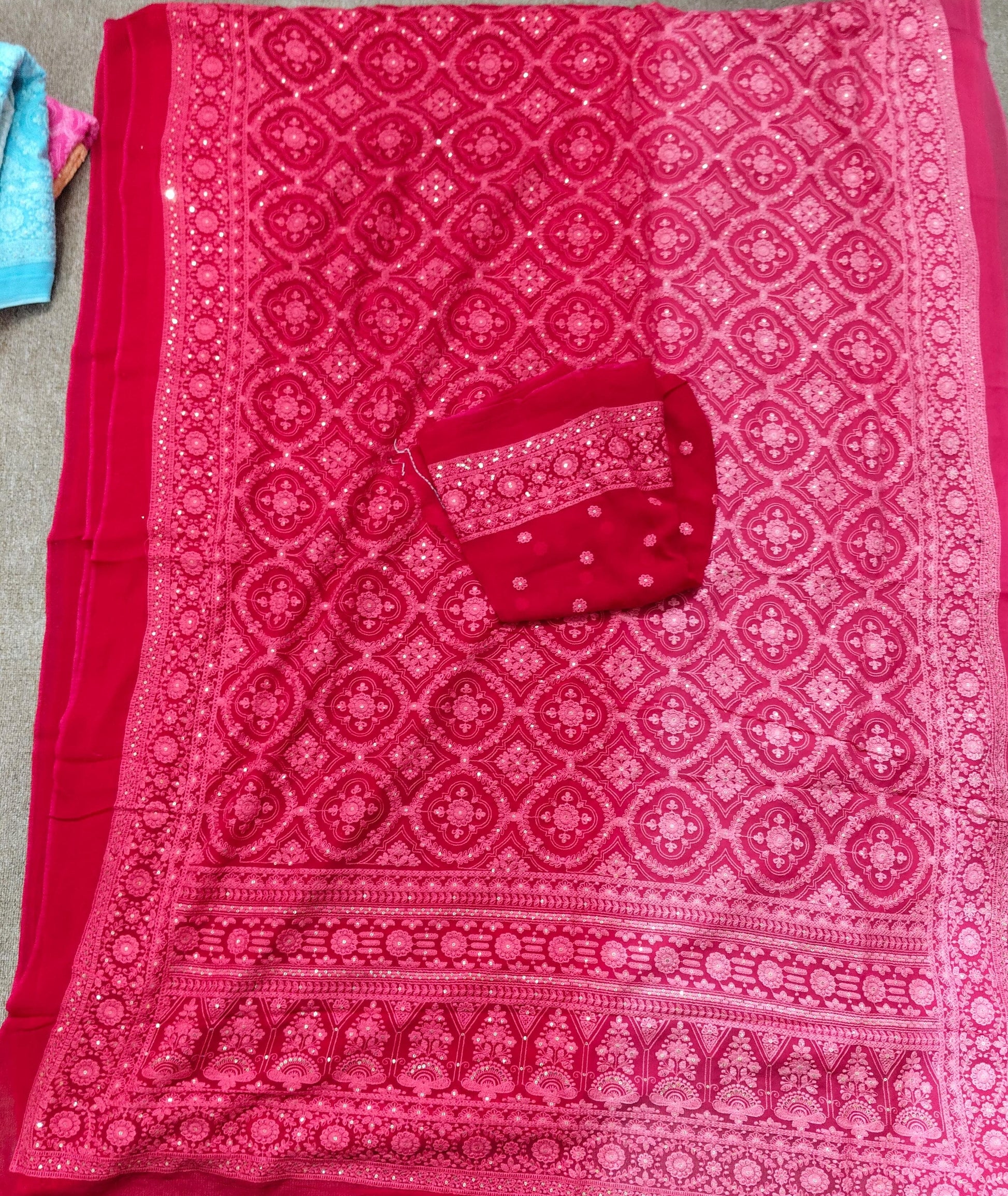 Dual shaded Chikankari saree Georgette saree women sari blouse - Saffronfashionindia