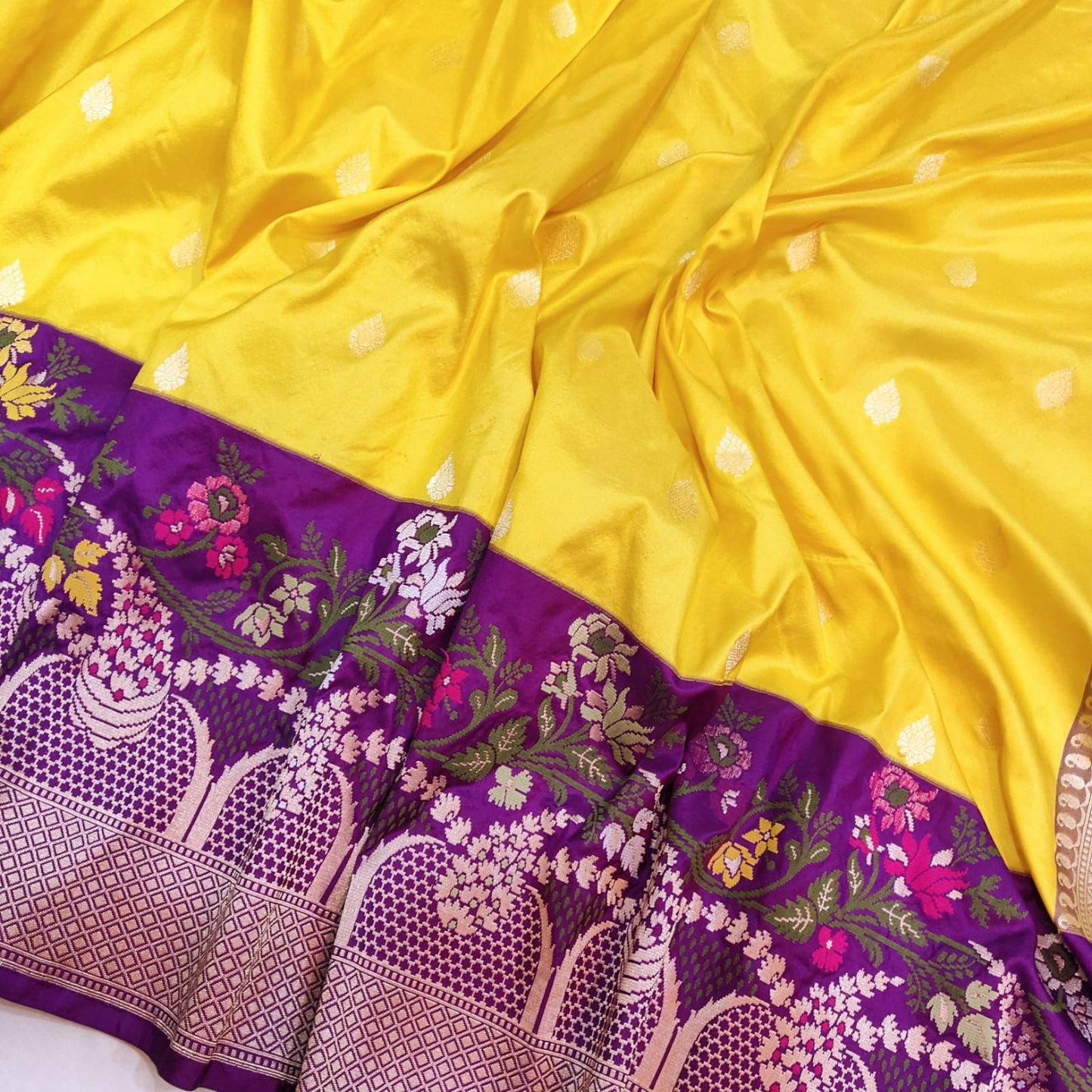 Yellow Meenakari handwoven Katan silk saree - Saffronfashionindia