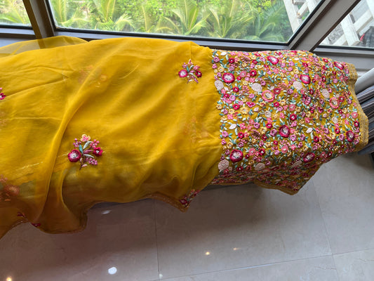 Yellow organza saree French knot saree party wear sari SaffronFashion