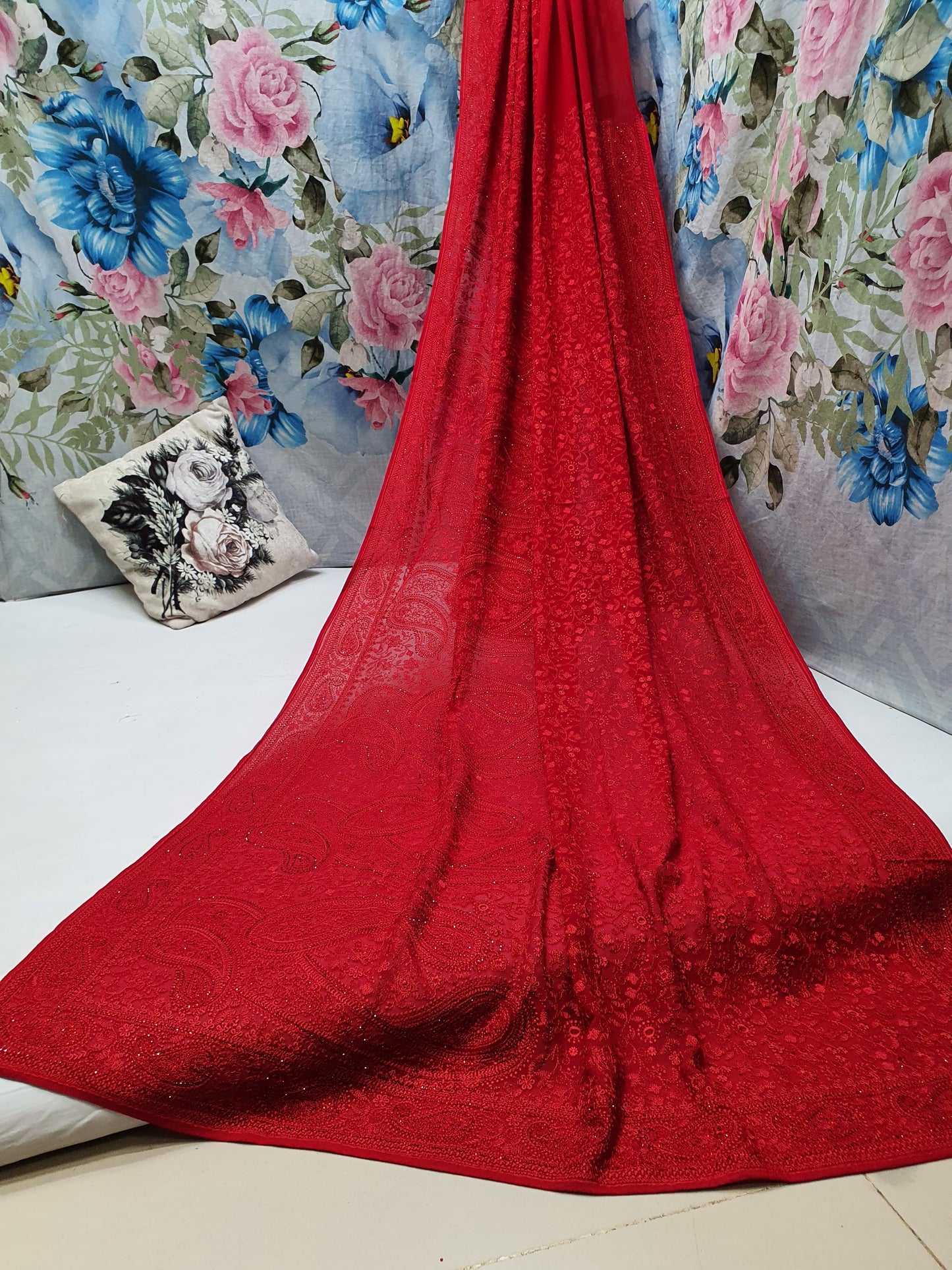 Paisley inspired Chikankari saree gorgette saree blouse - Saffronfashionindia