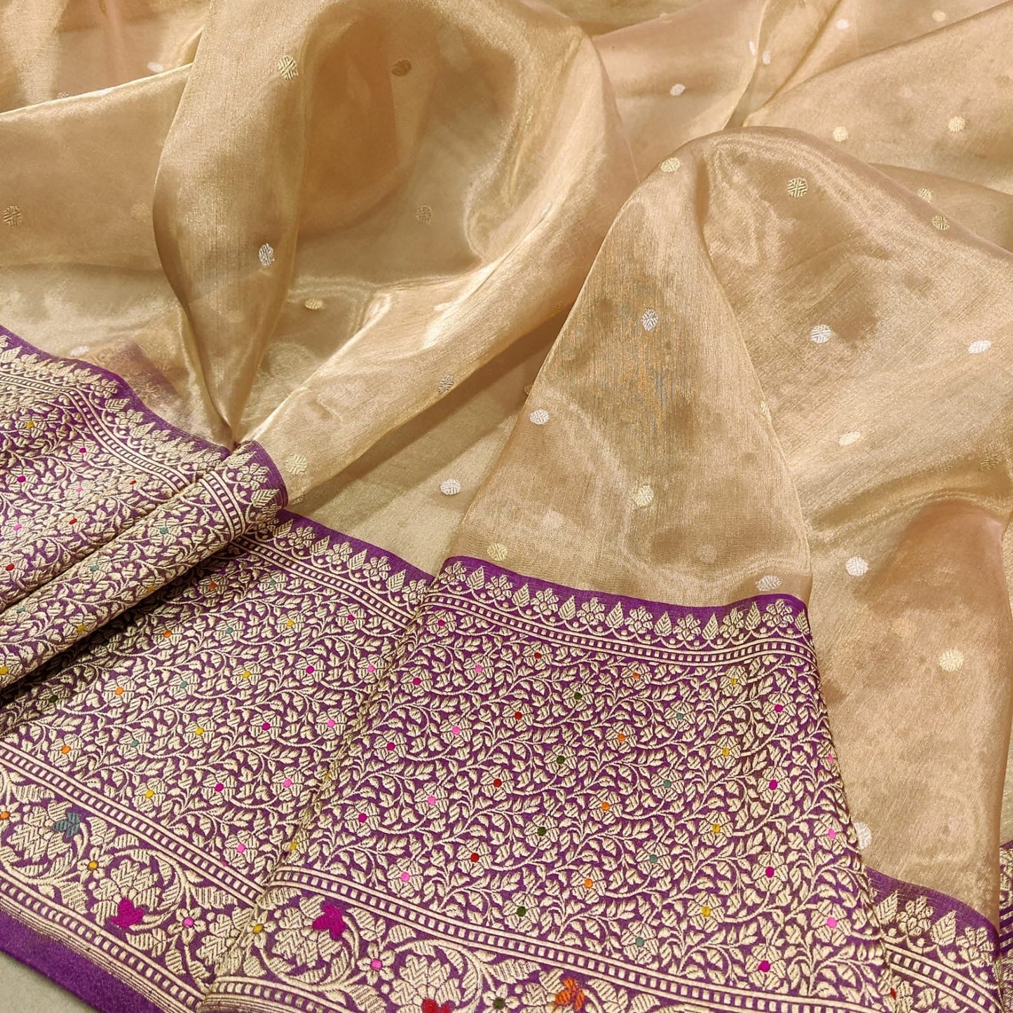 Mahiva Tissue silk saree handwoven saree Zari booties sari blouse SaffronFashion