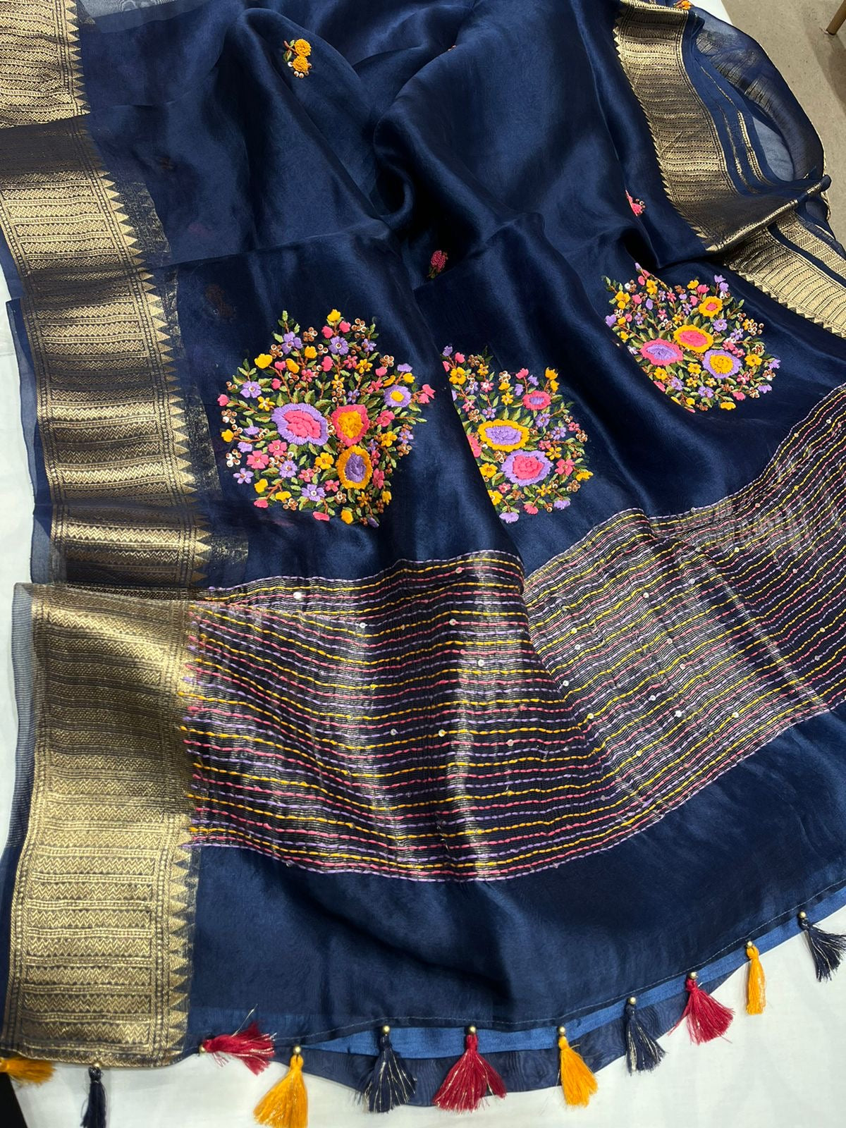 Organza French knot saree Zari border saree Partywear sari SaffronFashion