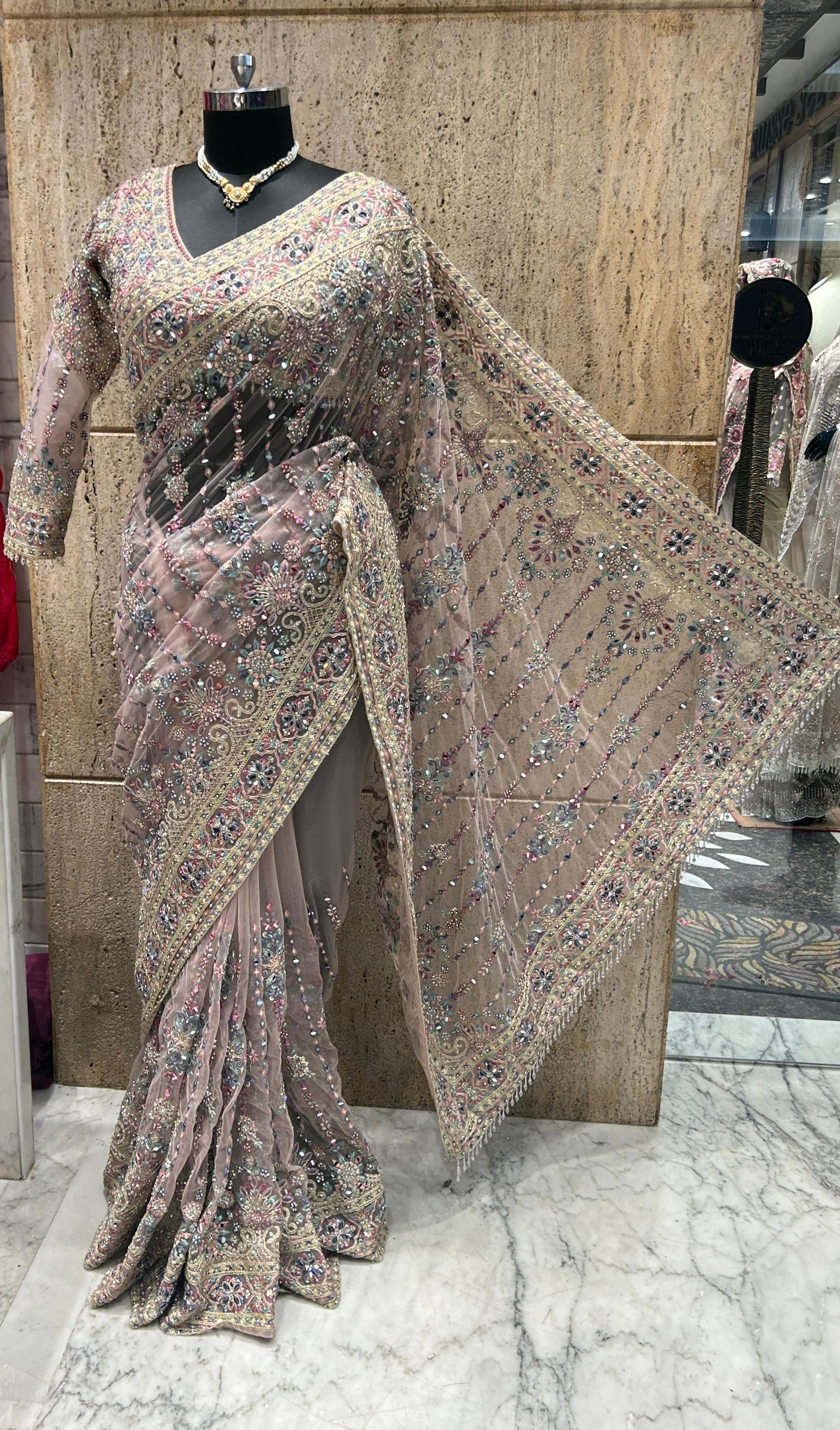 Designer embroidered saree net saree Partywear sari blouse Saffronfashionindia